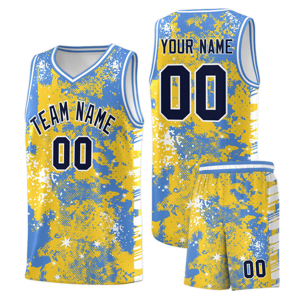 Custom Gold Powder Blue Vice Burst Galactic Graffiti Stretch Fabric Basketball Jersey