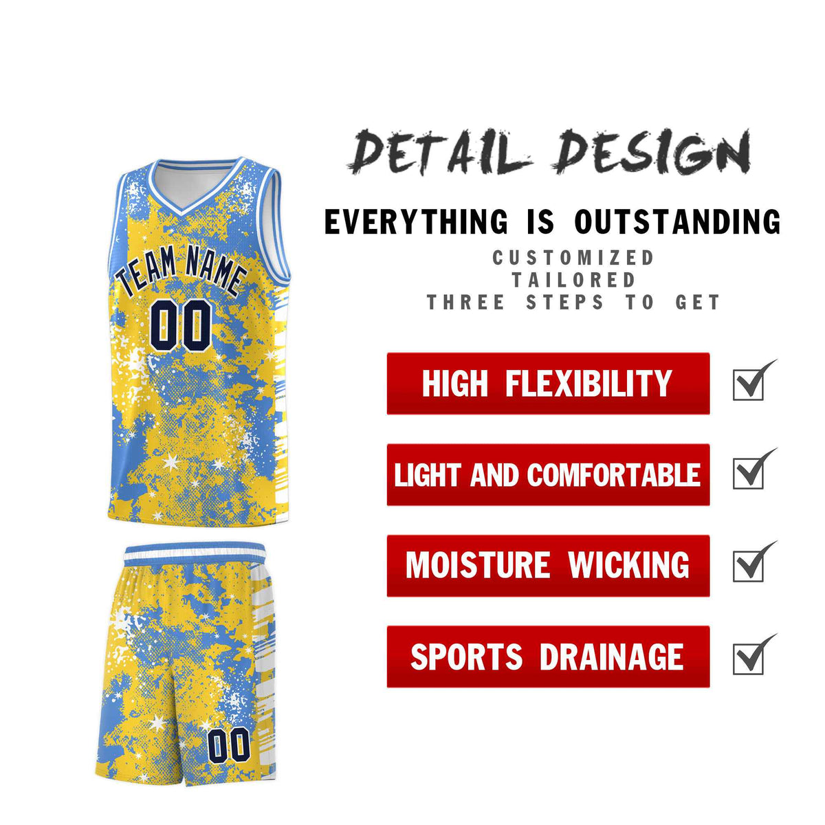 Custom Gold Powder Blue Vice Burst Galactic Graffiti Stretch Fabric Basketball Jersey