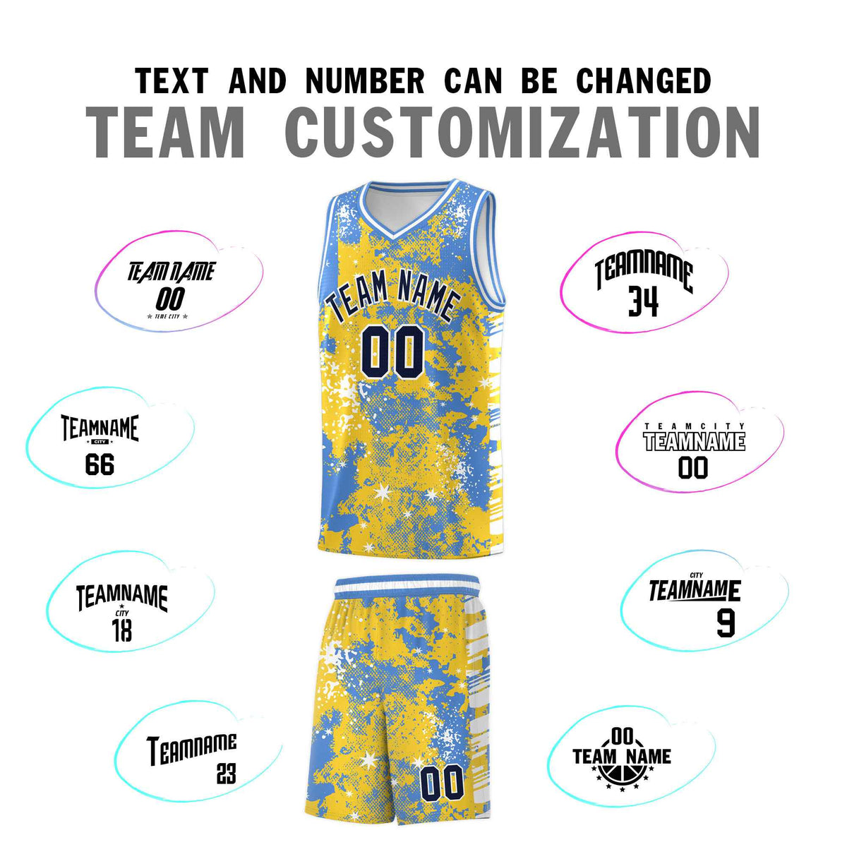 Custom Gold Powder Blue Vice Burst Galactic Graffiti Stretch Fabric Basketball Jersey