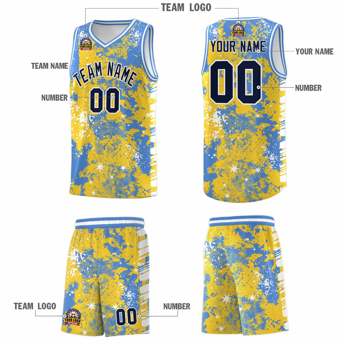 Custom Gold Powder Blue Vice Burst Galactic Graffiti Stretch Fabric Basketball Jersey