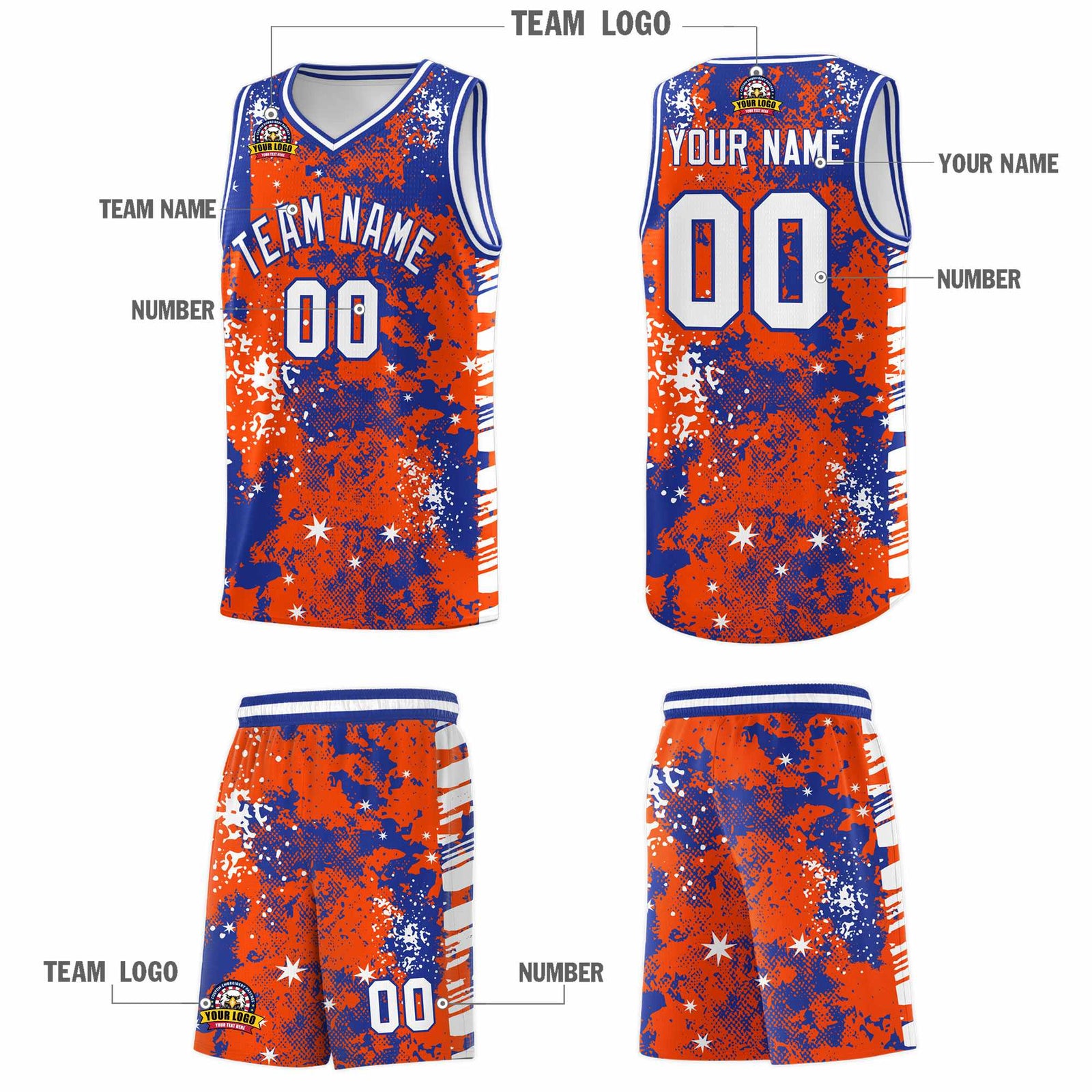 Custom Orange Royal Blue Vice Burst Galactic Graffiti Moisture-Wicking Basketball Jersey