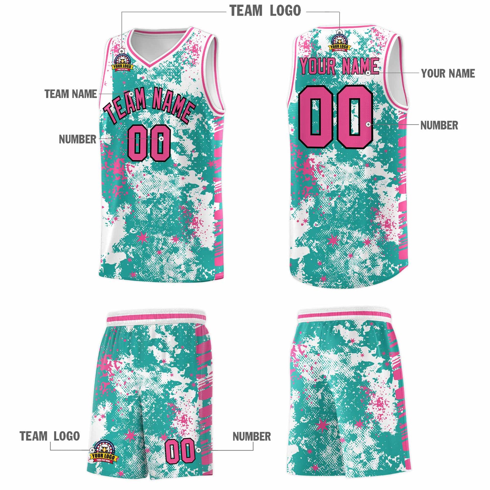 Custom Aqua Pink Vice Burst Galactic Graffiti Quick-Drying Basketball Jersey