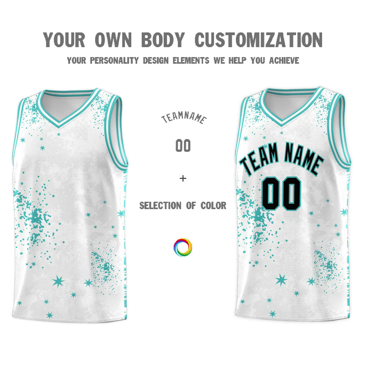 Custom White Light Teal Vice Burst Galactic Graffiti Sublimation Printing Basketball Jersey
