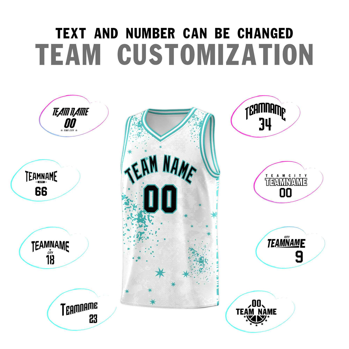 Custom White Light Teal Vice Burst Galactic Graffiti Sublimation Printing Basketball Jersey