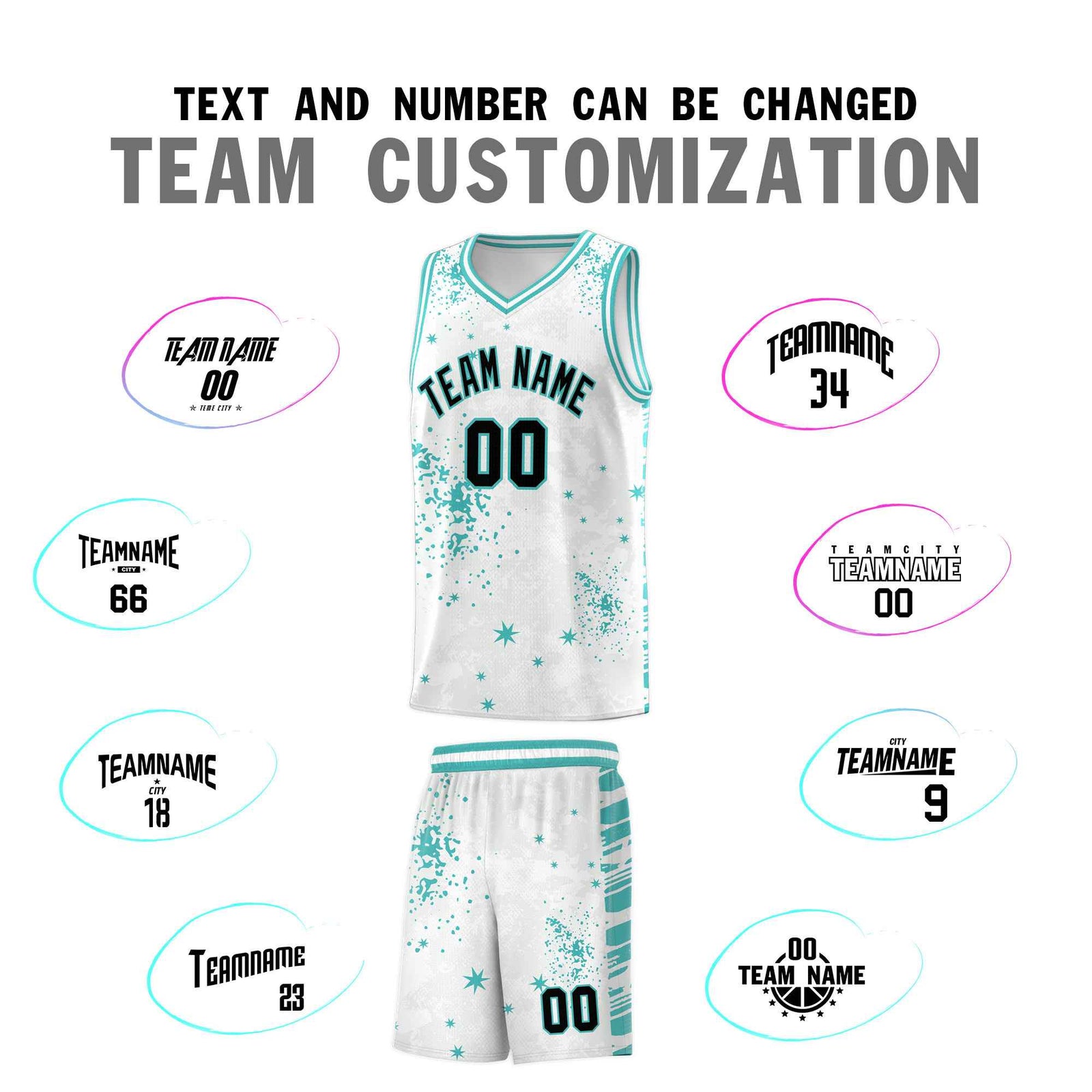 Custom White Light Teal Vice Burst Galactic Graffiti Sublimation Printing Basketball Jersey