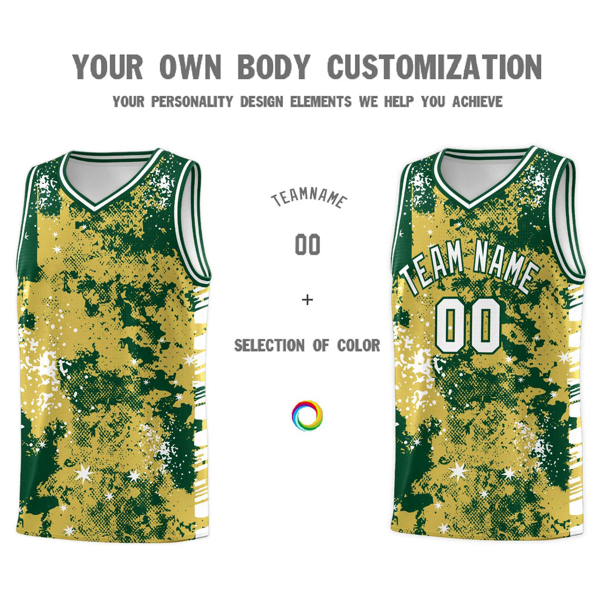 Custom Old Gold Kelly Green Vice Burst Galactic Graffiti Moisture-Wicking Basketball Jersey