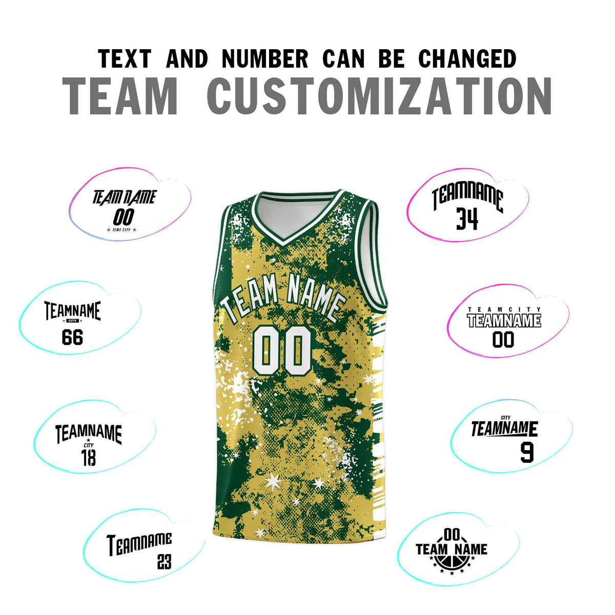 Custom Old Gold Kelly Green Vice Burst Galactic Graffiti Moisture-Wicking Basketball Jersey