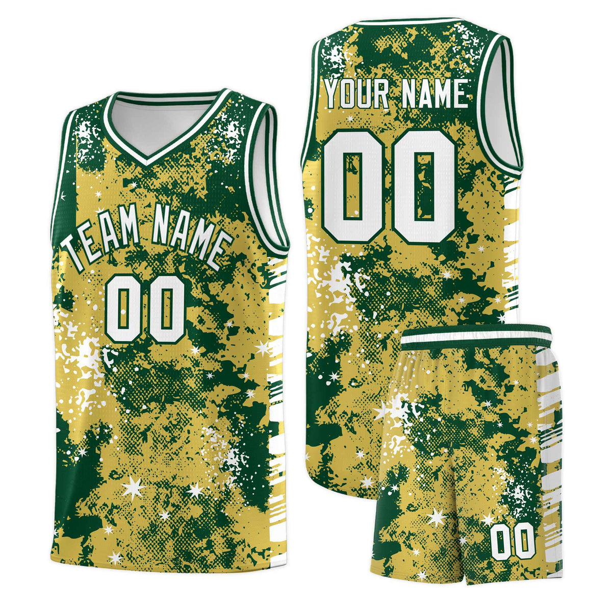 Custom Old Gold Kelly Green Vice Burst Galactic Graffiti Moisture-Wicking Basketball Jersey