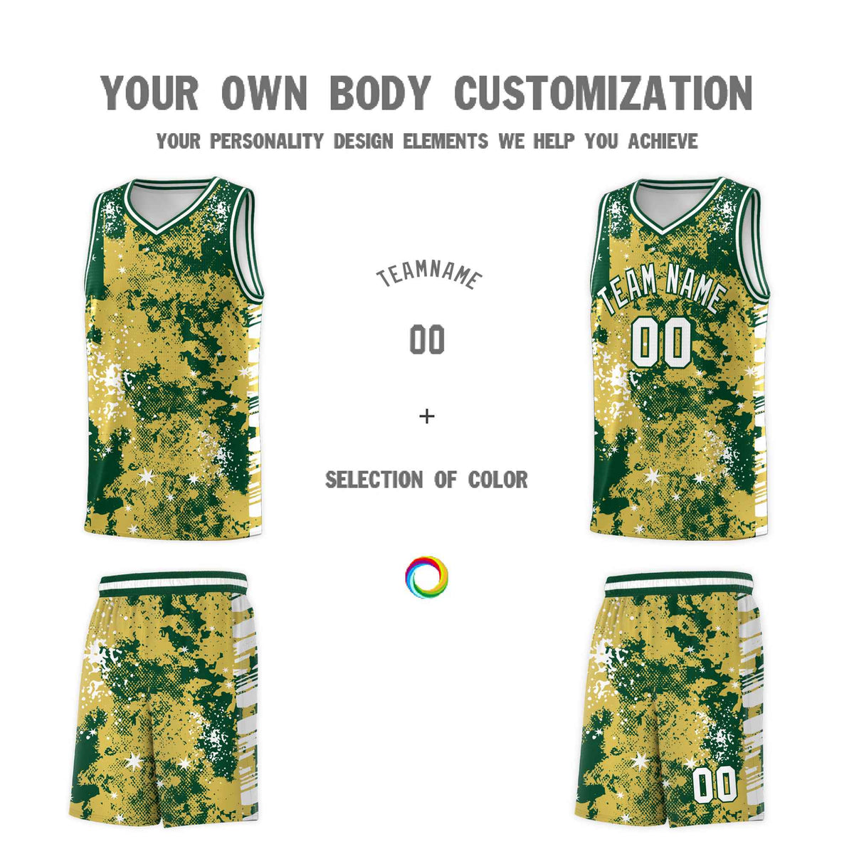 Custom Old Gold Kelly Green Vice Burst Galactic Graffiti Moisture-Wicking Basketball Jersey