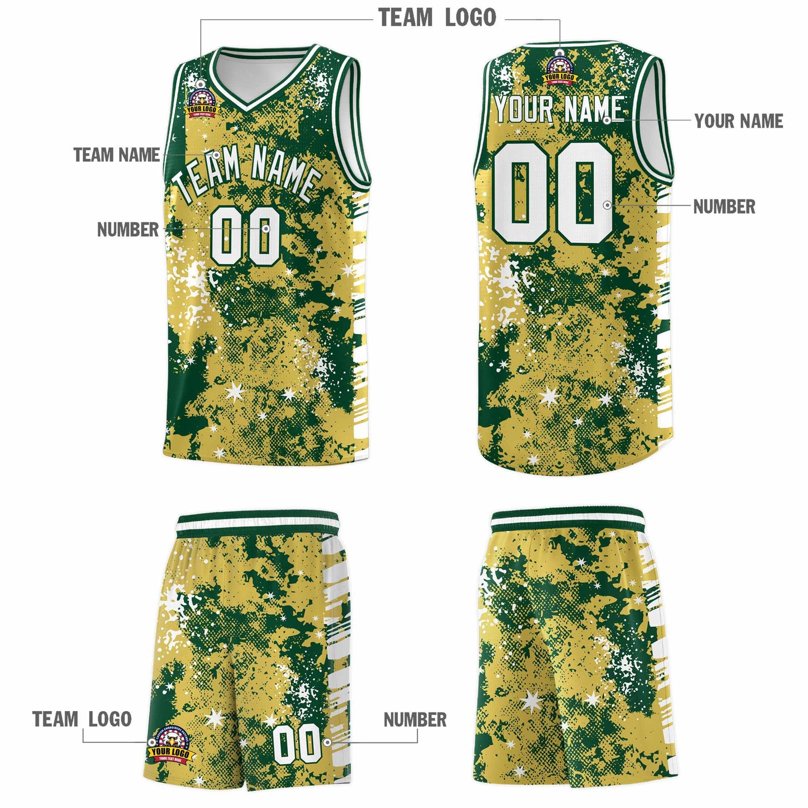 Custom Old Gold Kelly Green Vice Burst Galactic Graffiti Moisture-Wicking Basketball Jersey
