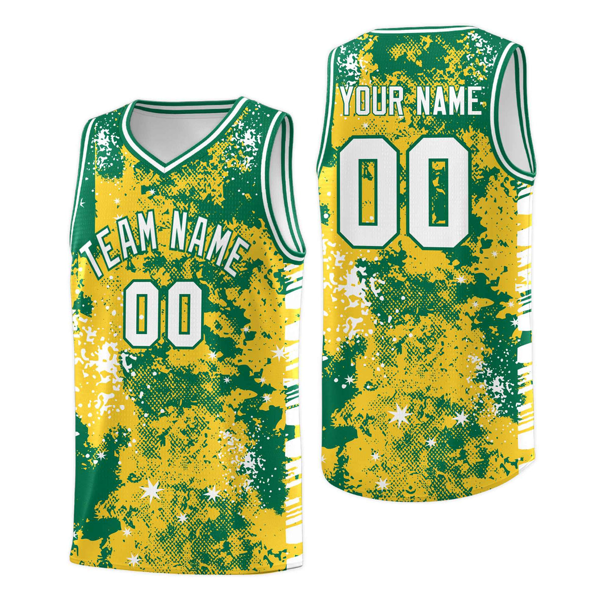 Custom Gold Kelly Green Vice Burst Galactic Graffiti Wrinkle-Resistant Basketball Jersey