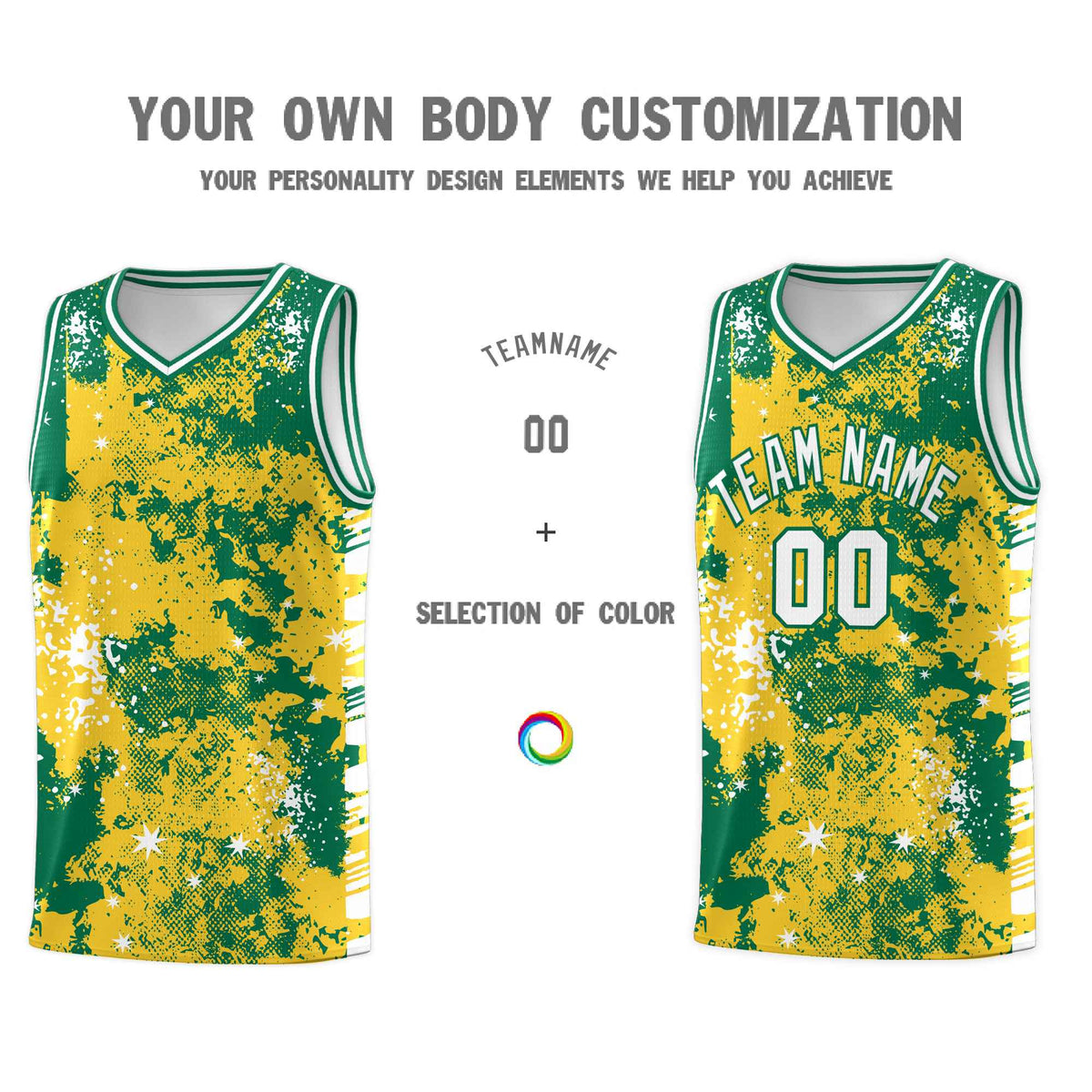 Custom Gold Kelly Green Vice Burst Galactic Graffiti Wrinkle-Resistant Basketball Jersey