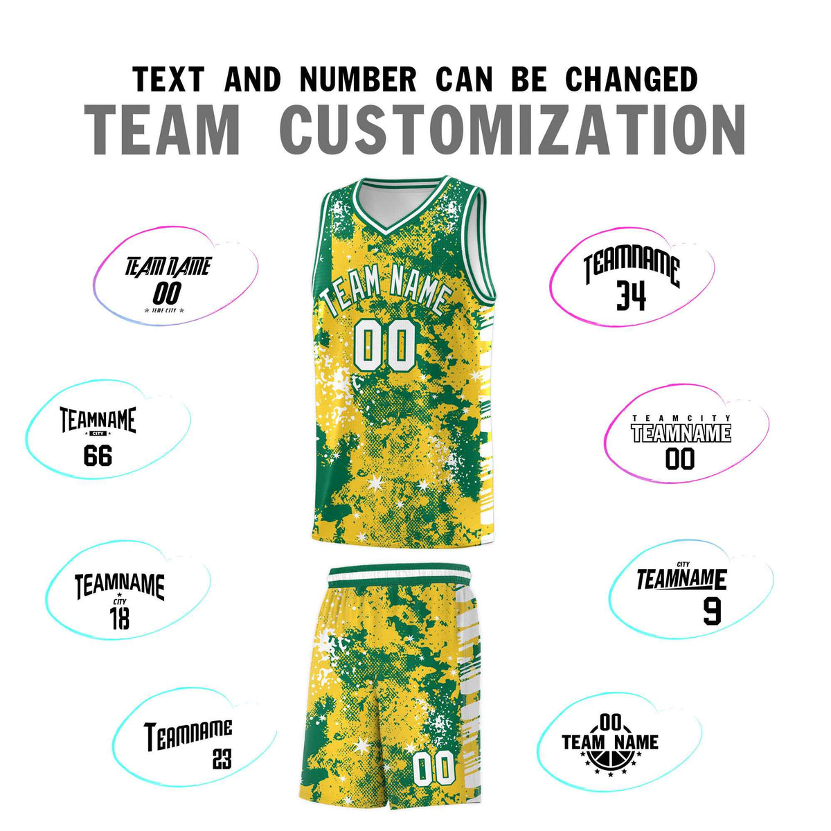 Custom Gold Kelly Green Vice Burst Galactic Graffiti Wrinkle-Resistant Basketball Jersey