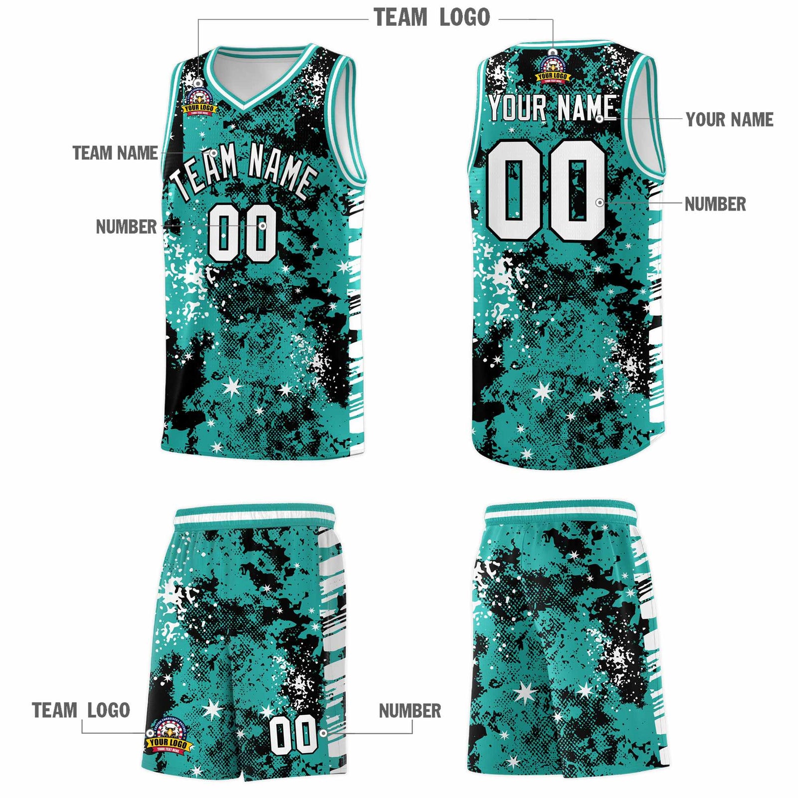 Custom Black Light Teal Vice Burst Galactic Graffiti Breathable Basketball Jersey
