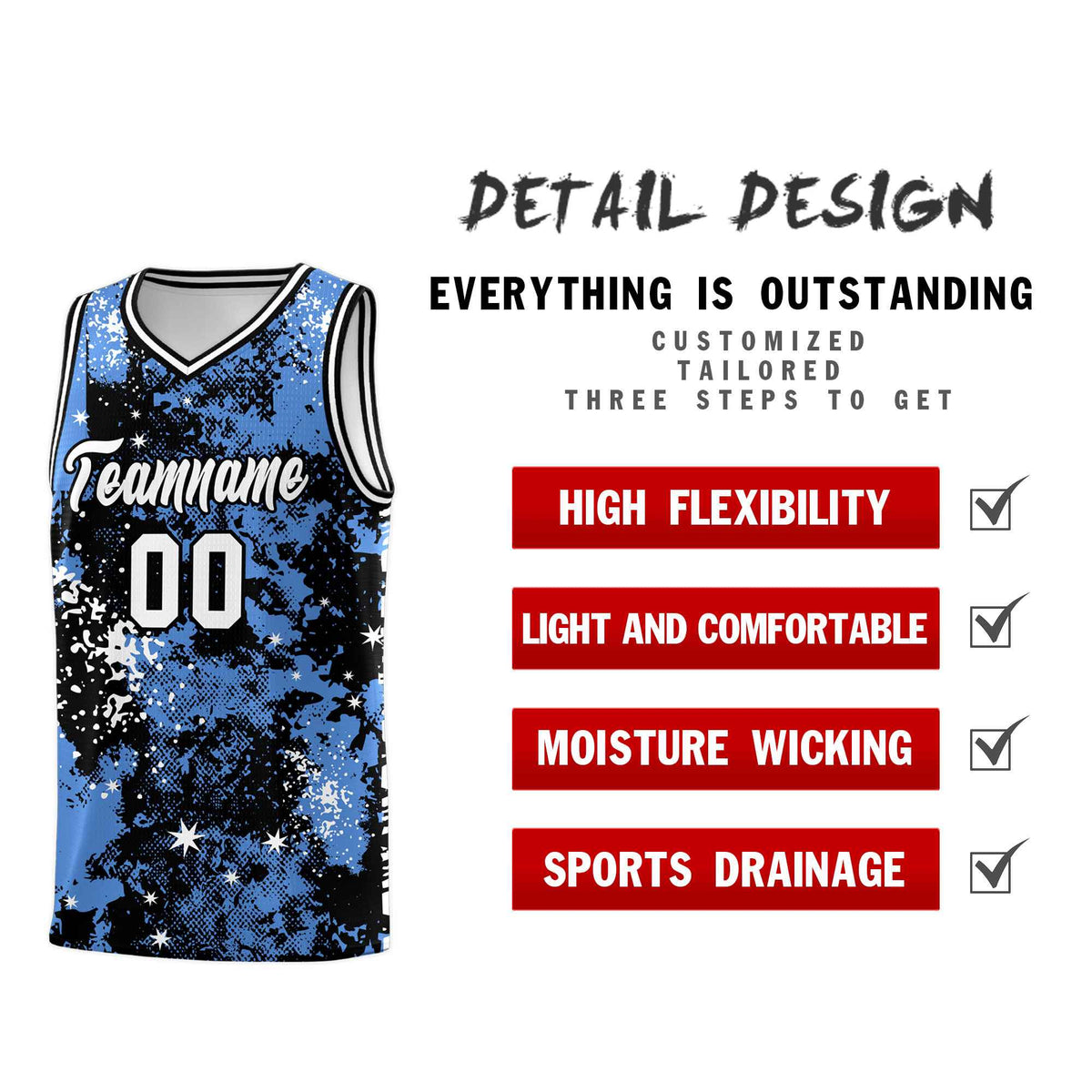 Custom Powder Blue Black Vice Burst Galactic Graffiti Lightweight Basketball Jersey