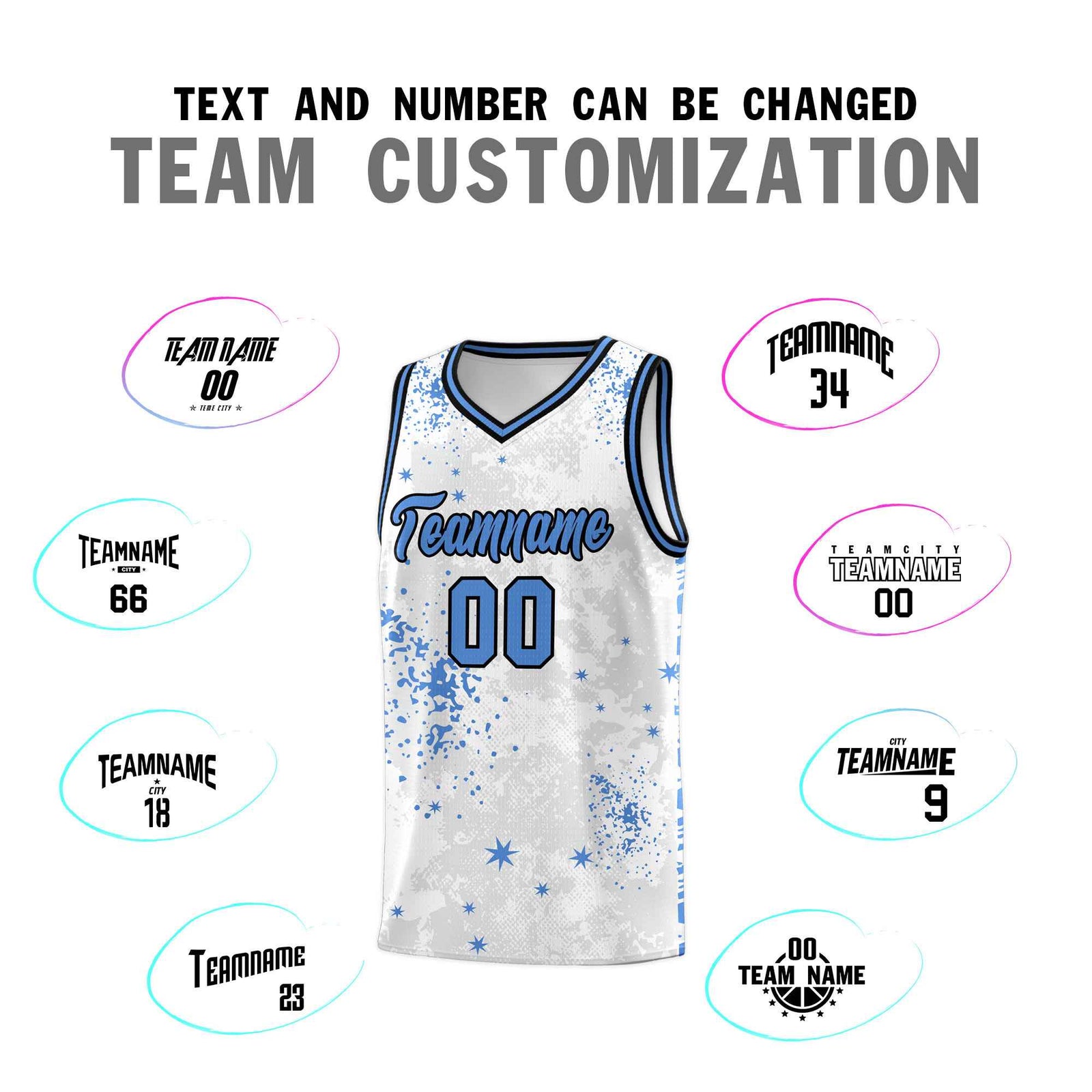 Custom White Powder Blue Vice Burst Galactic Graffiti Quick-Drying Basketball Jersey