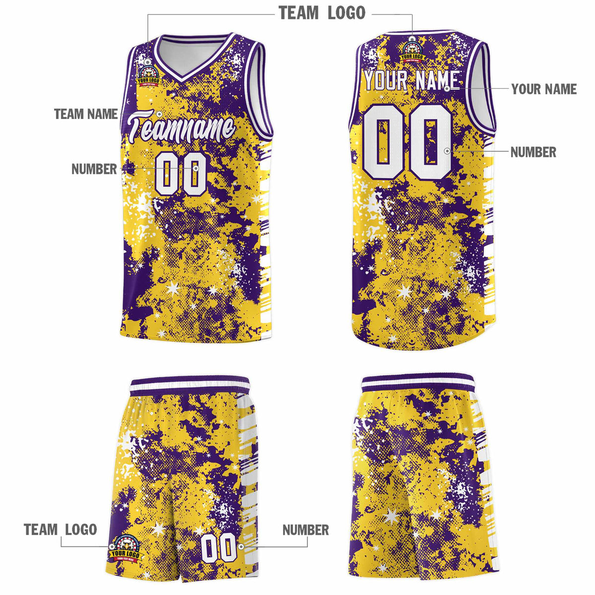 Custom Gold Purple Vice Burst Galactic Graffiti Drapable Basketball Jersey