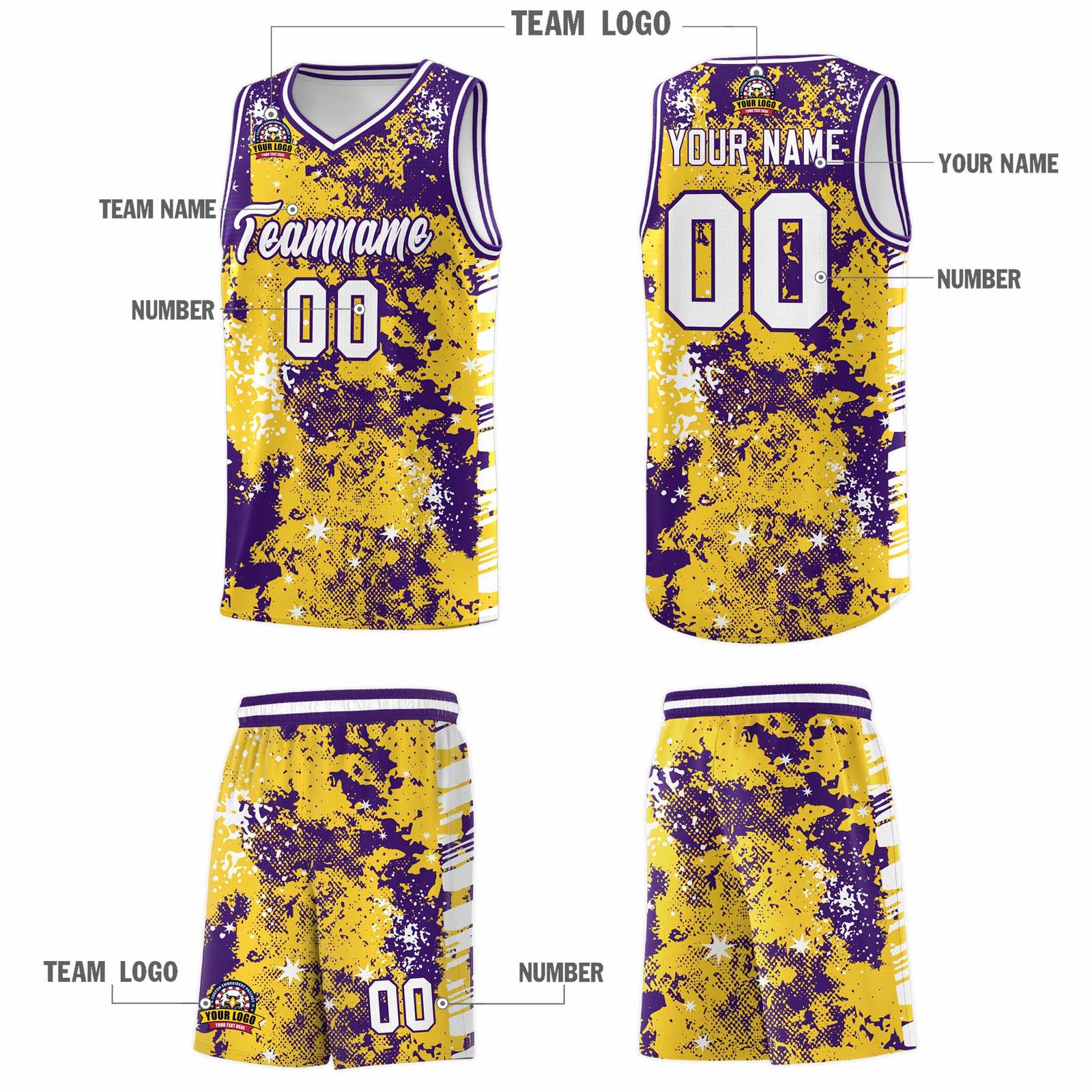 Custom Gold Purple Vice Burst Galactic Graffiti Drapable Basketball Jersey