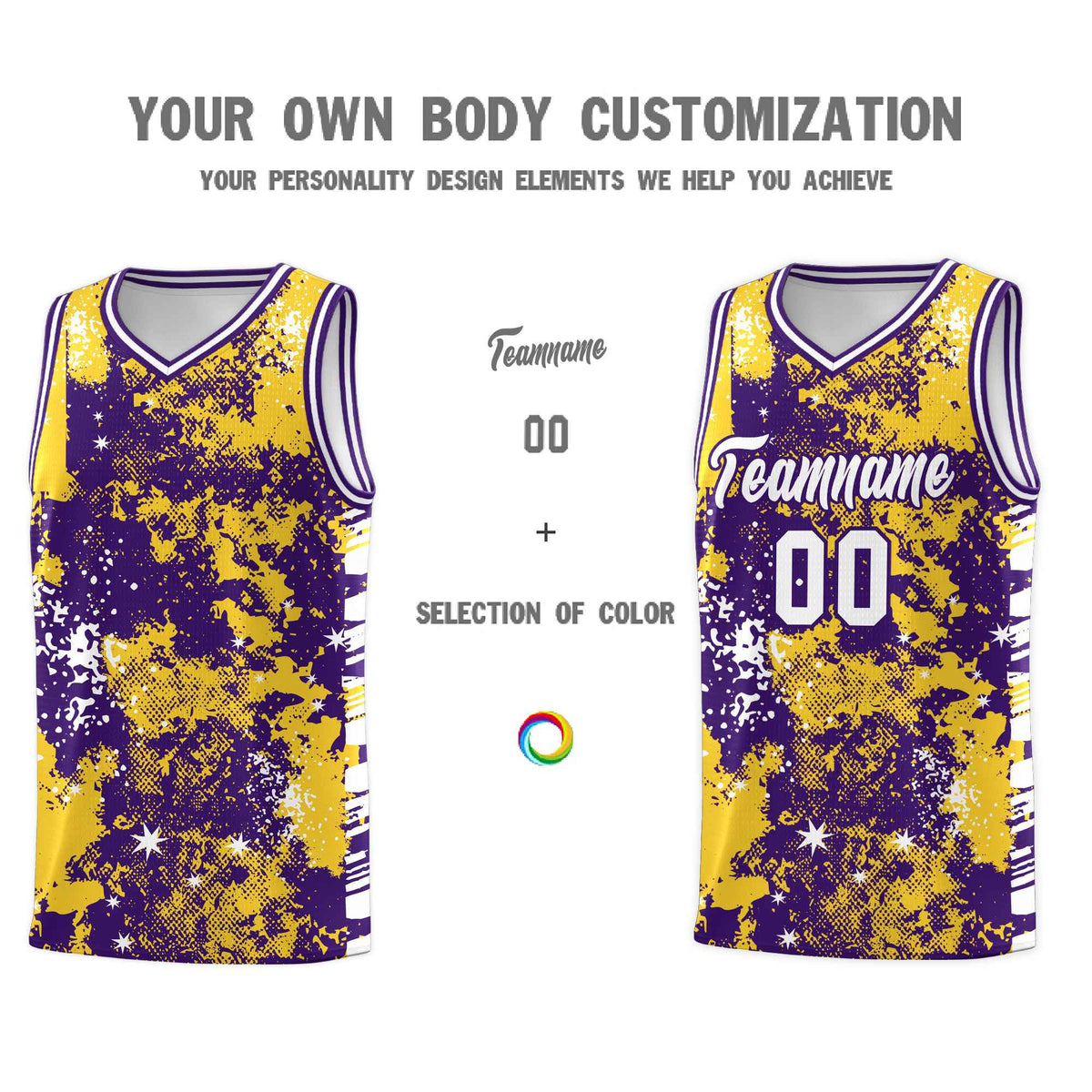 Custom Gold Purple Vice Burst Galactic Graffiti Sublimation Printing Basketball Jersey