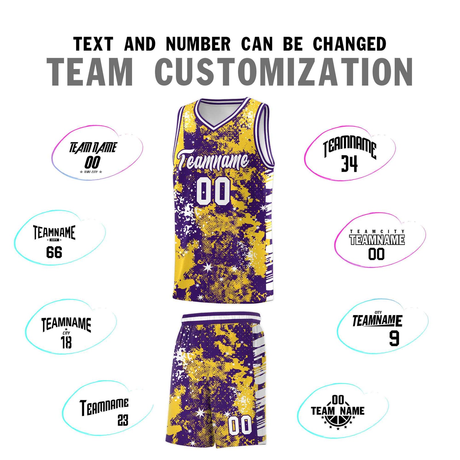 Custom Gold Purple Vice Burst Galactic Graffiti Sublimation Printing Basketball Jersey