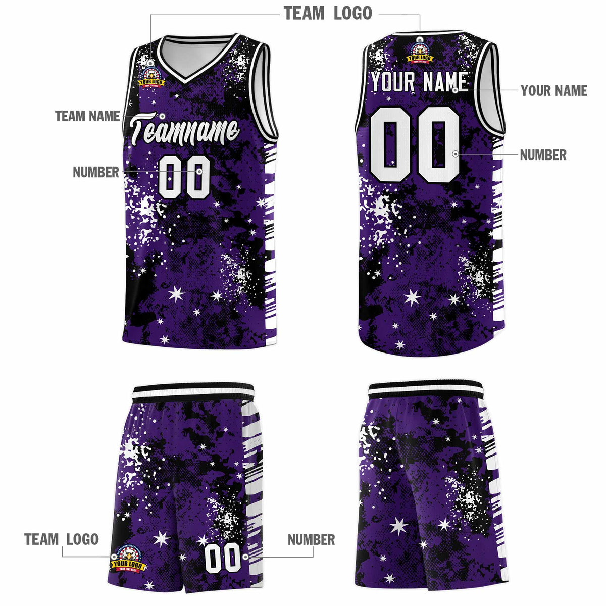 Custom Purple Black Vice Burst Galactic Graffiti Stretch Fabric Basketball Jersey