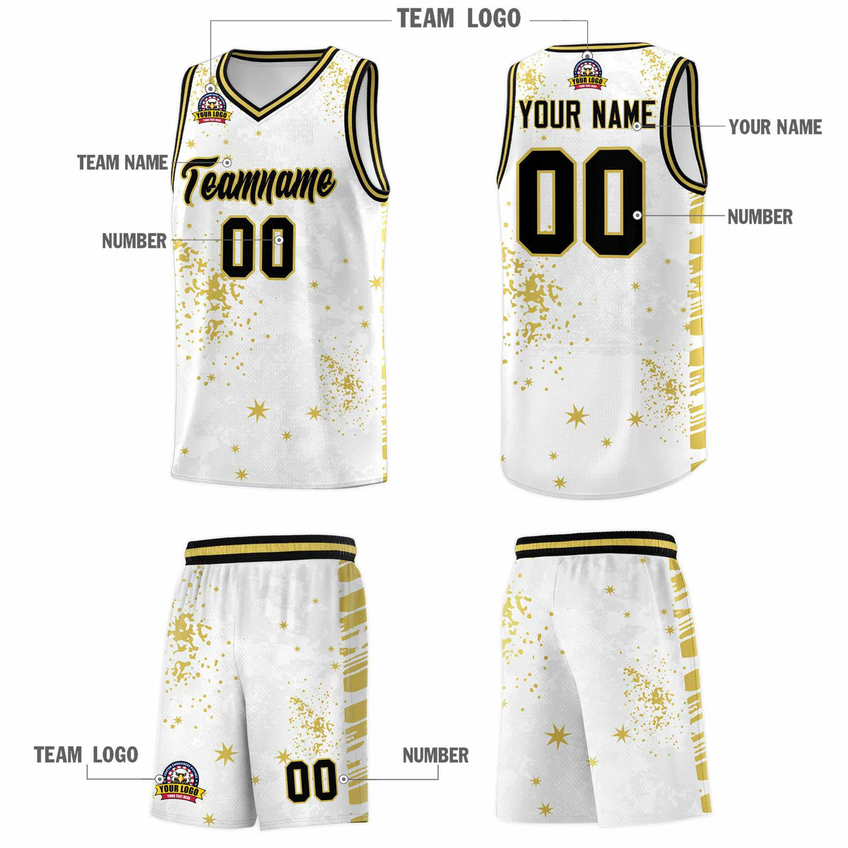 Custom White Old Gold Vice Burst Galactic Graffiti Quick-Drying Basketball Jersey