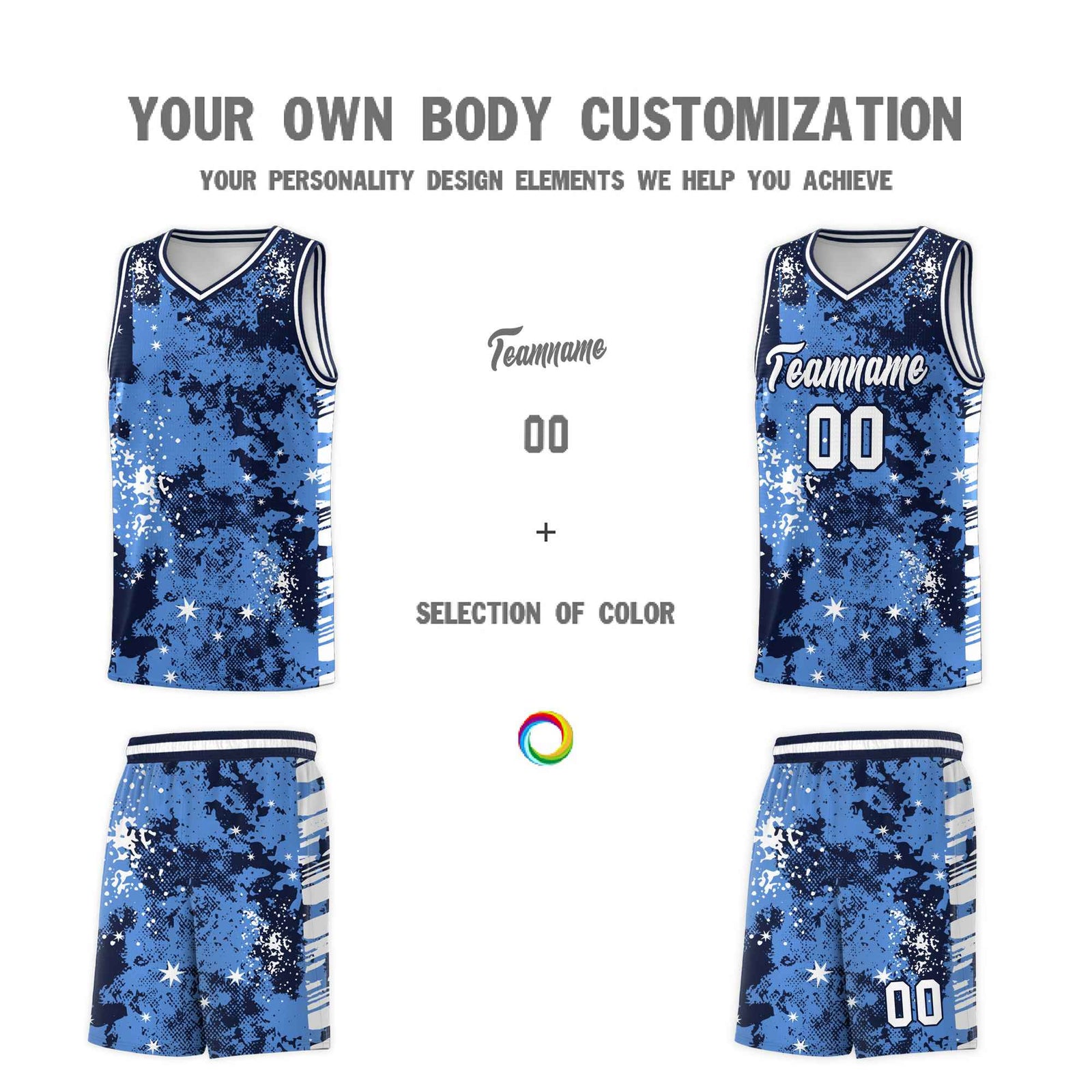 Custom Powder Blue Navy Vice Burst Galactic Graffiti Drapable Basketball Jersey
