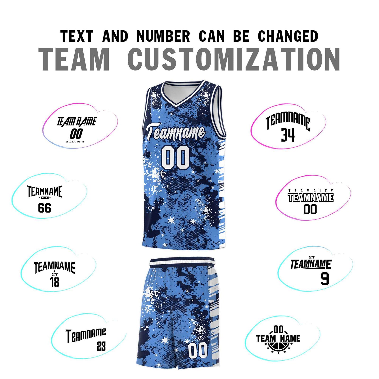 Custom Powder Blue Navy Vice Burst Galactic Graffiti Drapable Basketball Jersey