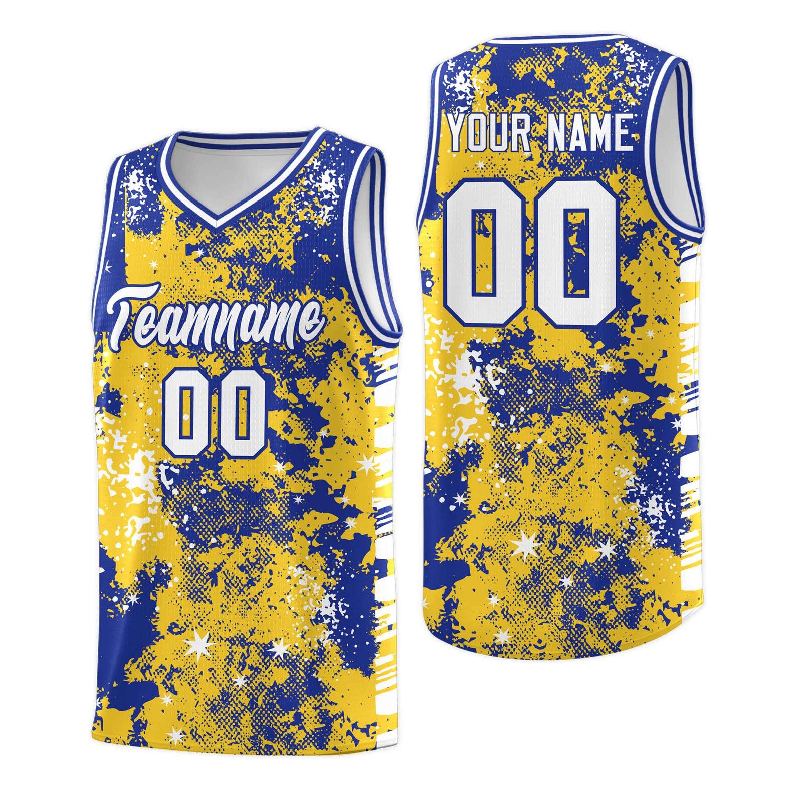 Custom Gold Royal Blue Vice Burst Galactic Graffiti Sublimation Printing Basketball Jersey