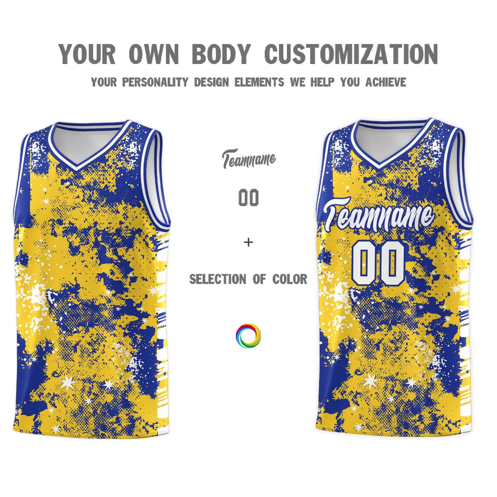 Custom Gold Royal Blue Vice Burst Galactic Graffiti Sublimation Printing Basketball Jersey