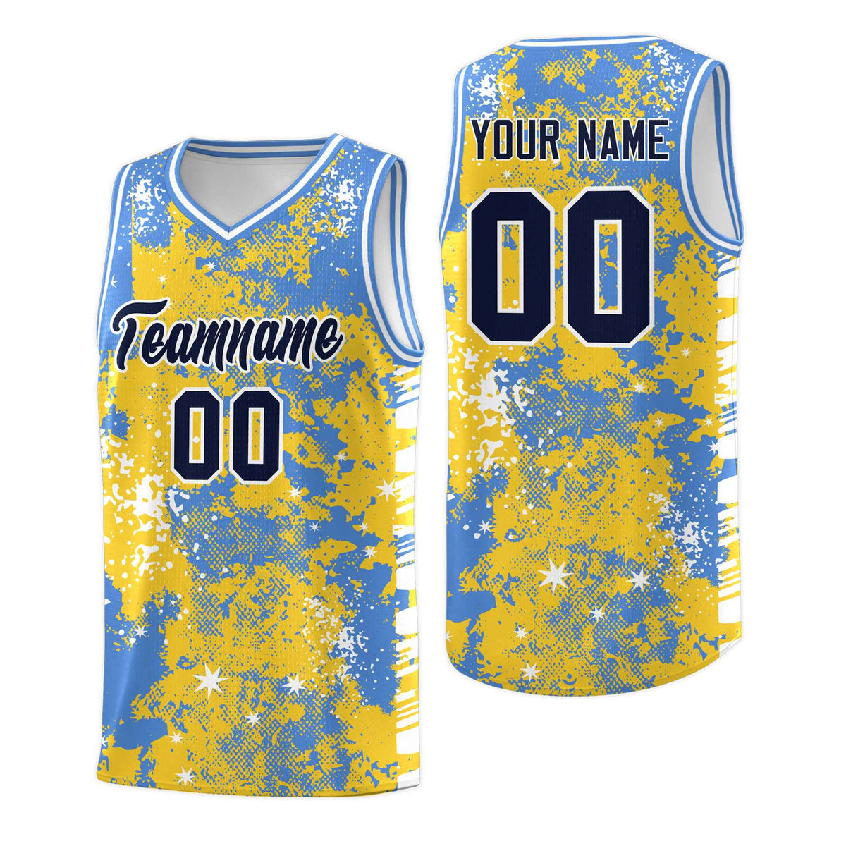 Custom Gold Powder Blue Vice Burst Galactic Graffiti Stretch Fabric Basketball Jersey