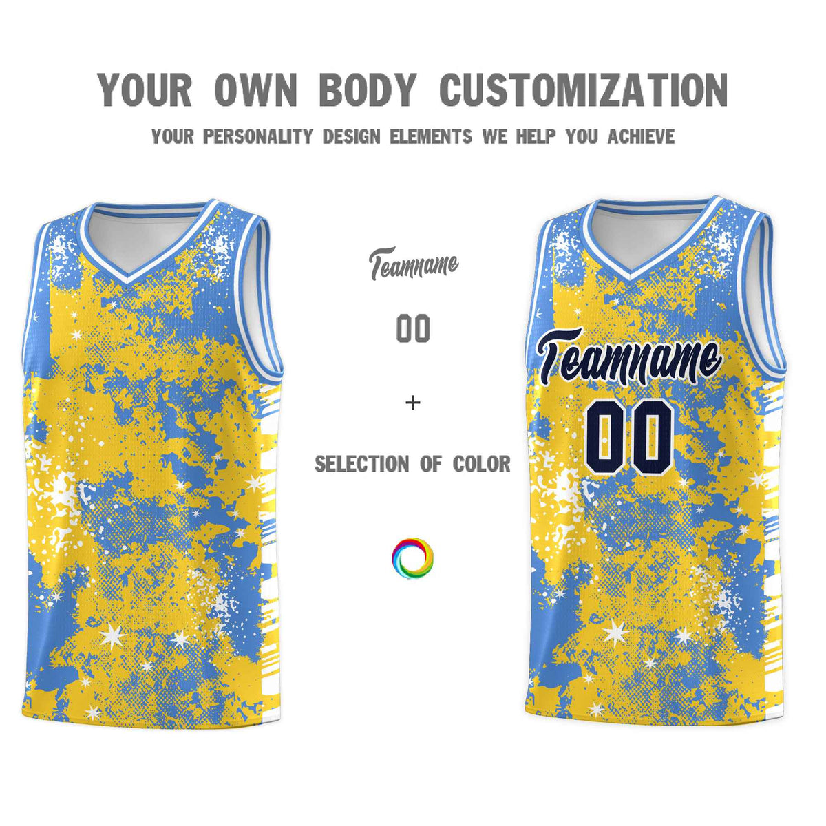 Custom Gold Powder Blue Vice Burst Galactic Graffiti Stretch Fabric Basketball Jersey