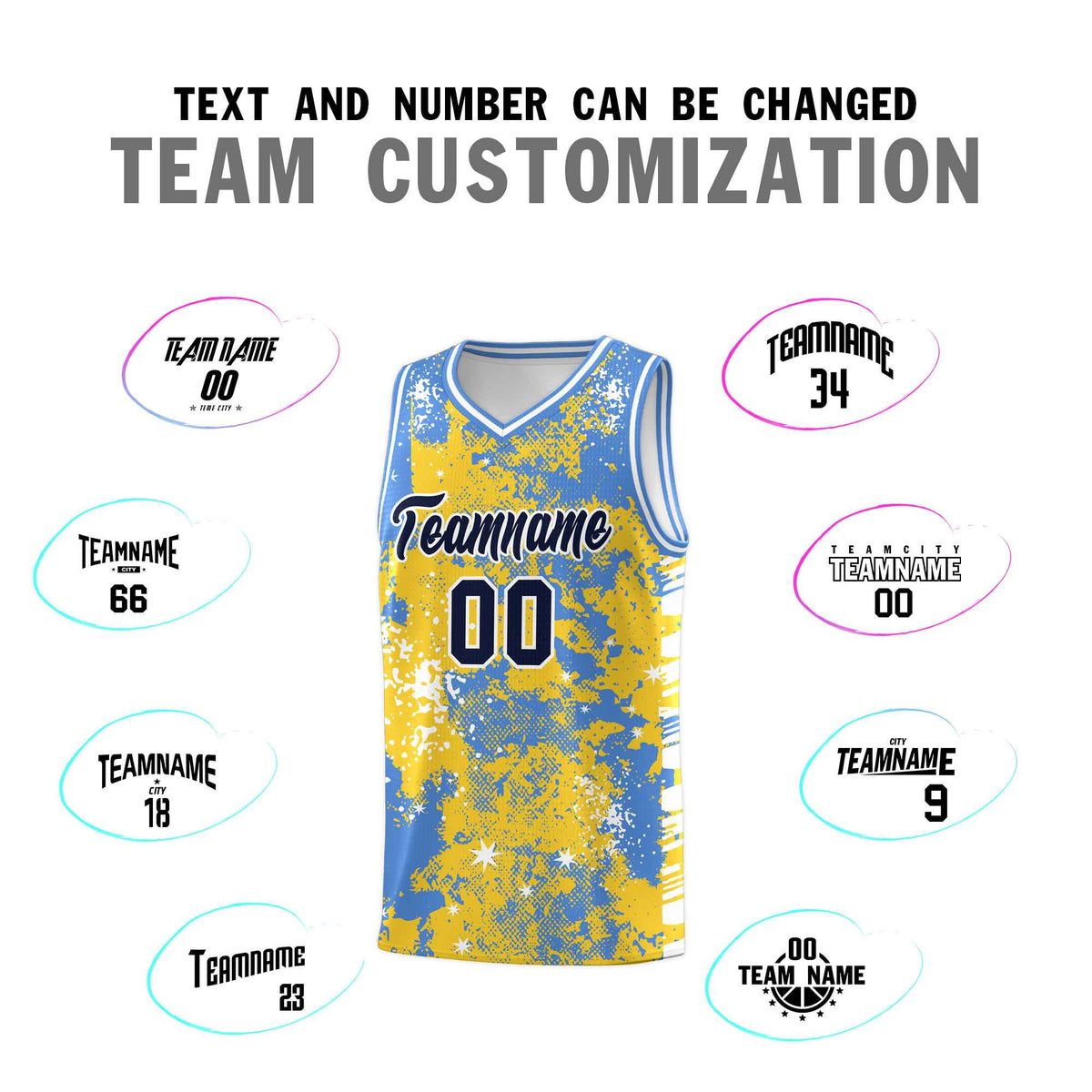 Custom Gold Powder Blue Vice Burst Galactic Graffiti Stretch Fabric Basketball Jersey