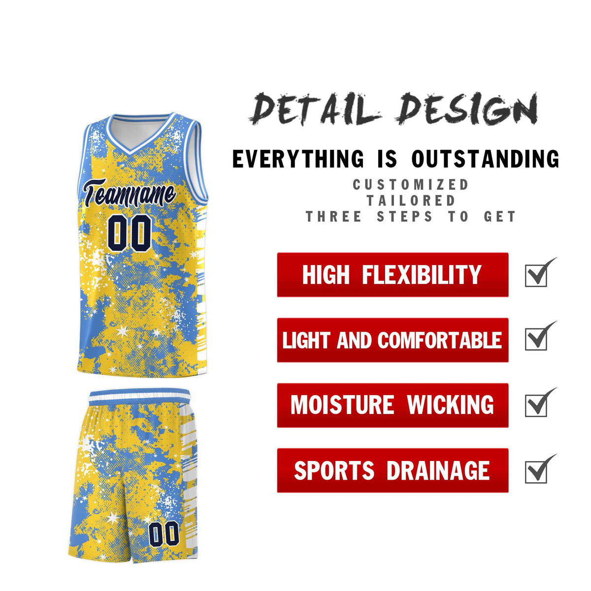 Custom Gold Powder Blue Vice Burst Galactic Graffiti Stretch Fabric Basketball Jersey