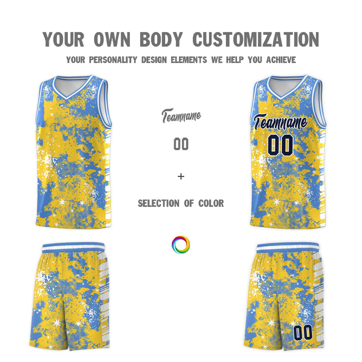 Custom Gold Powder Blue Vice Burst Galactic Graffiti Stretch Fabric Basketball Jersey