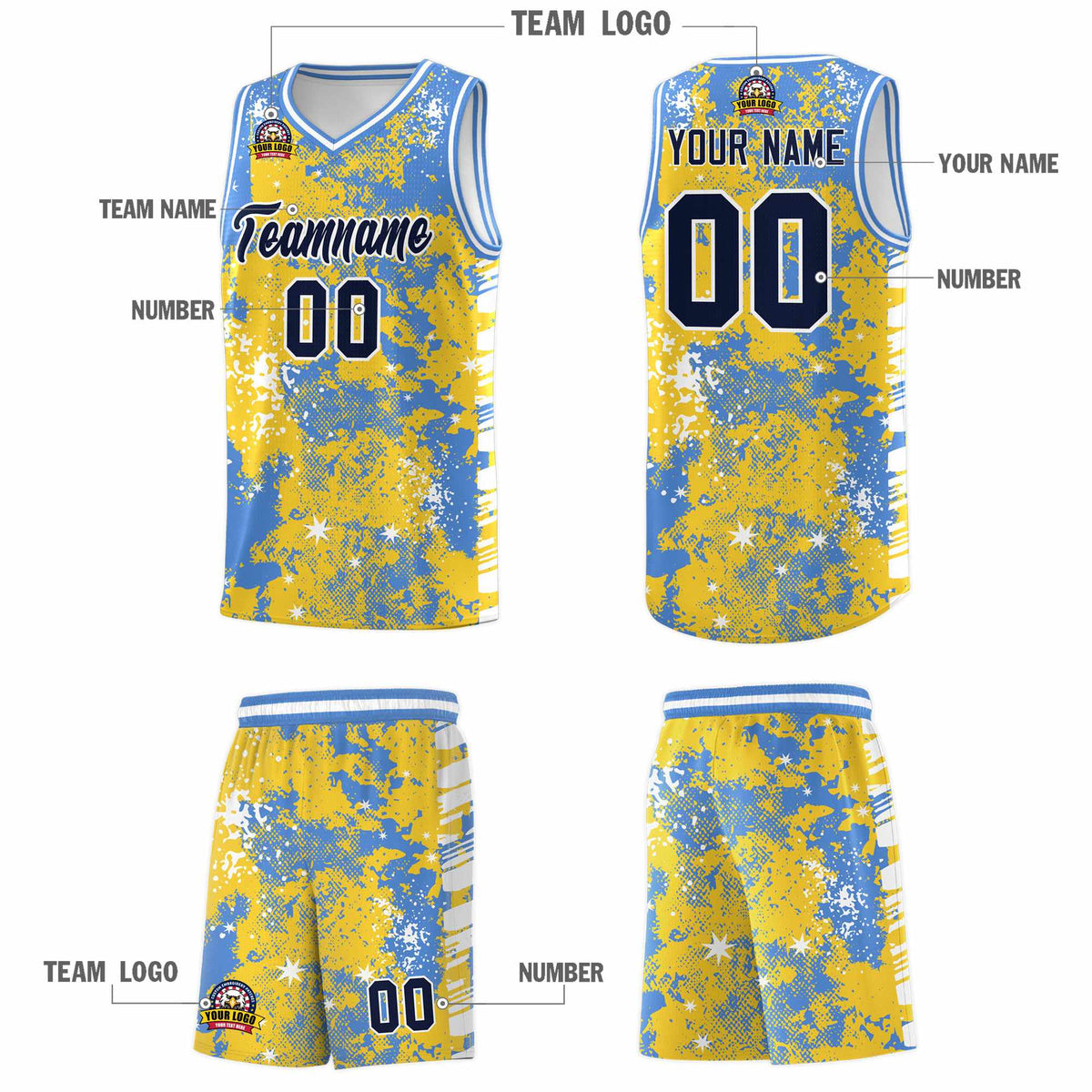 Custom Gold Powder Blue Vice Burst Galactic Graffiti Stretch Fabric Basketball Jersey