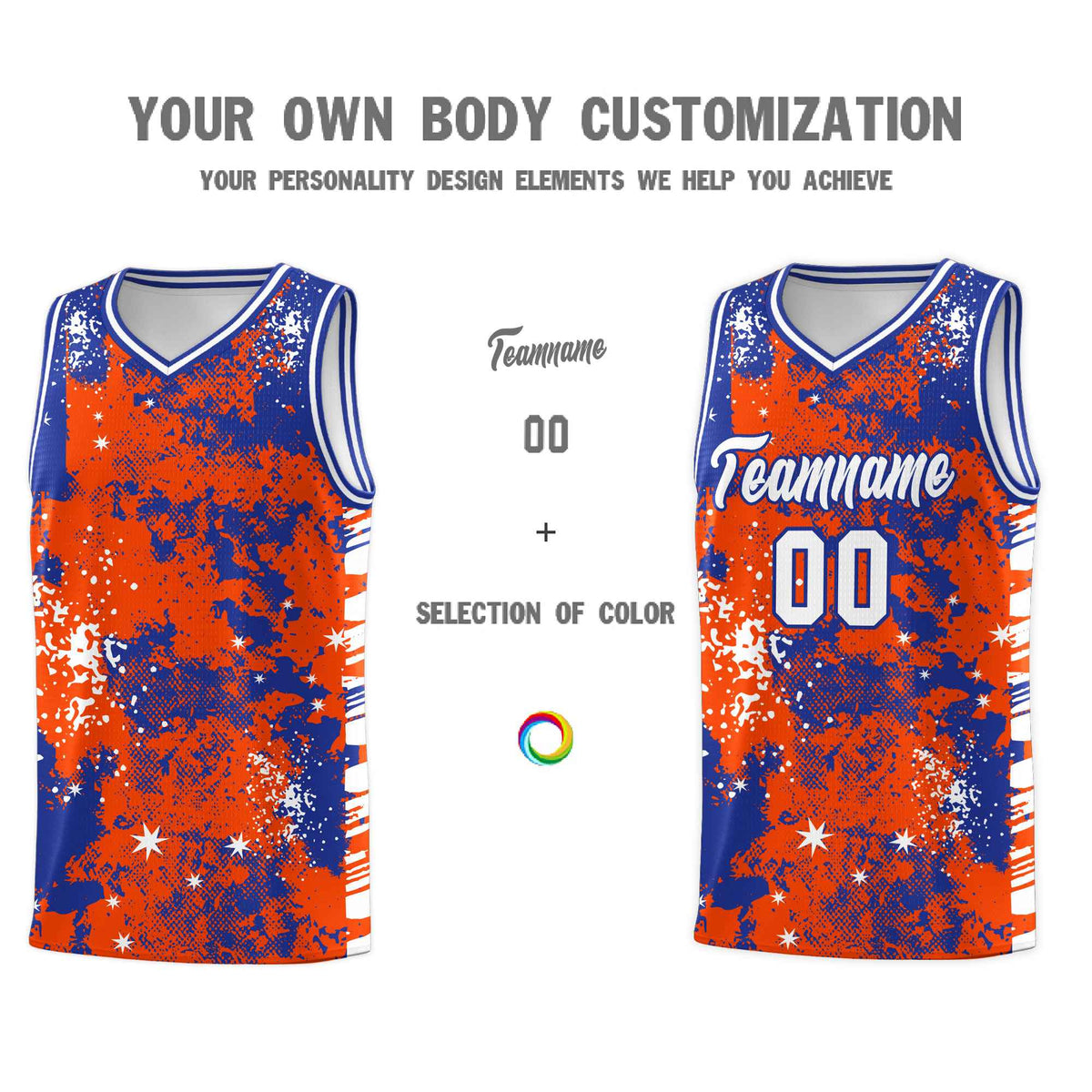 Custom Orange Royal Blue Vice Burst Galactic Graffiti Moisture-Wicking Basketball Jersey