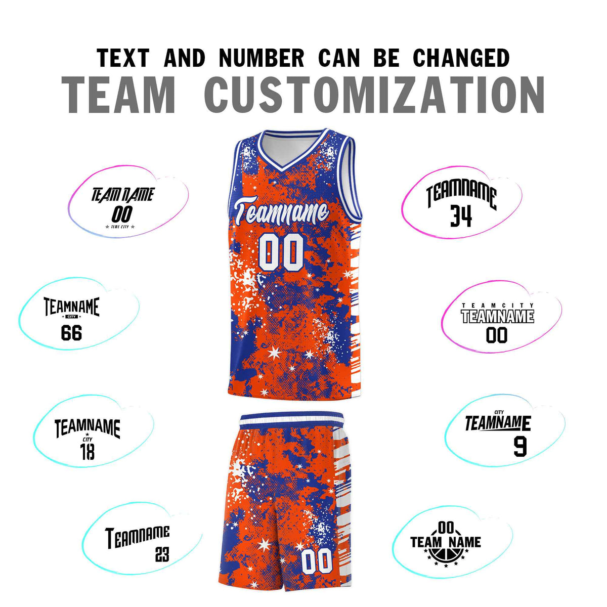 Custom Orange Royal Blue Vice Burst Galactic Graffiti Moisture-Wicking Basketball Jersey