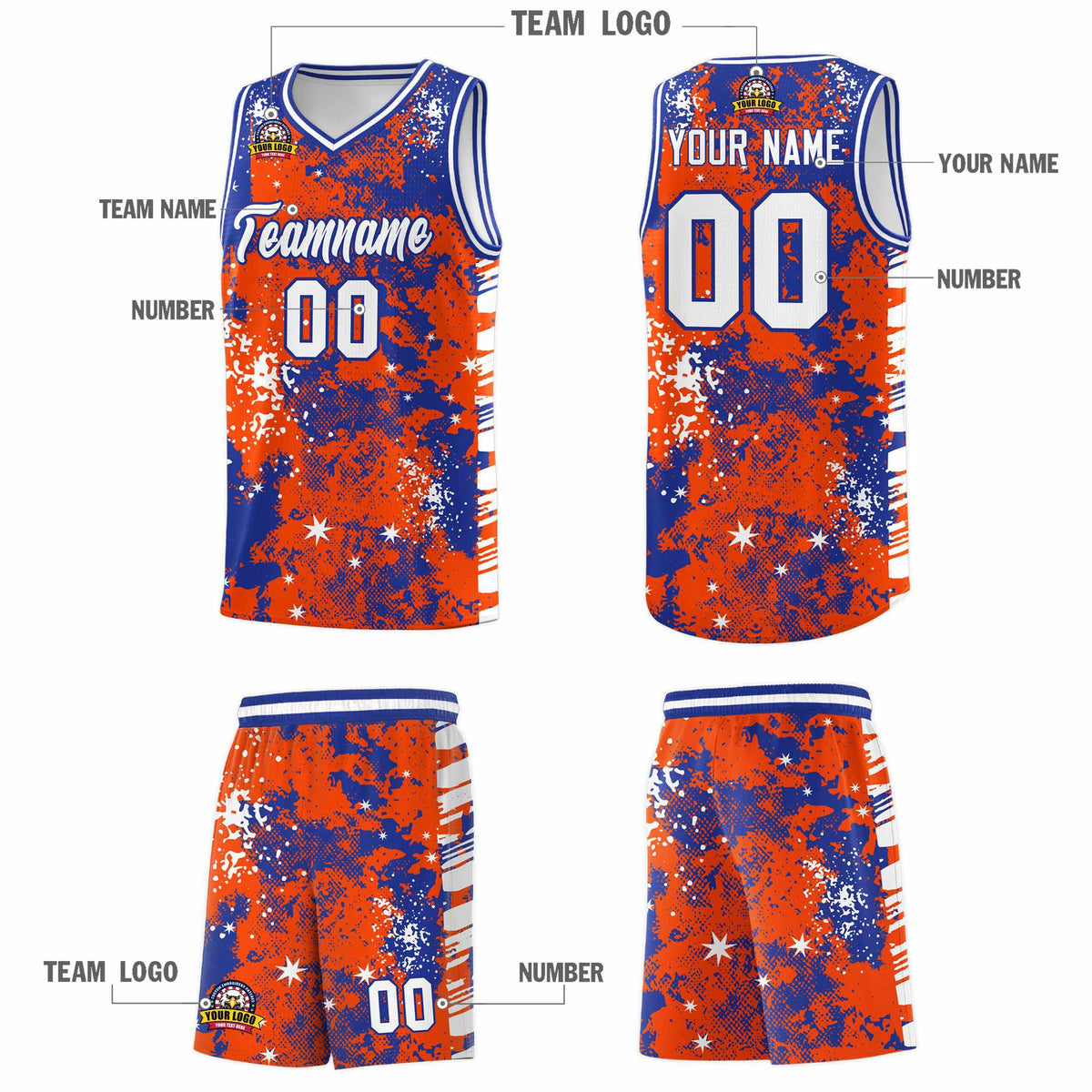 Custom Orange Royal Blue Vice Burst Galactic Graffiti Moisture-Wicking Basketball Jersey