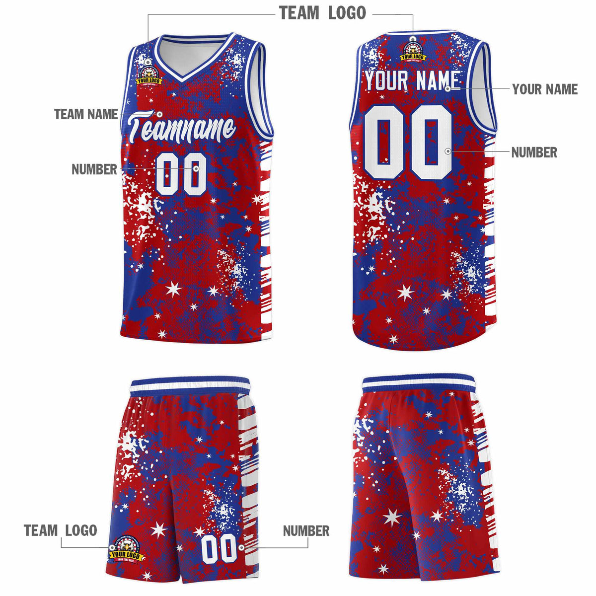 Custom Red Royal Blue Vice Burst Galactic Graffiti Wrinkle-Resistant Basketball Jersey