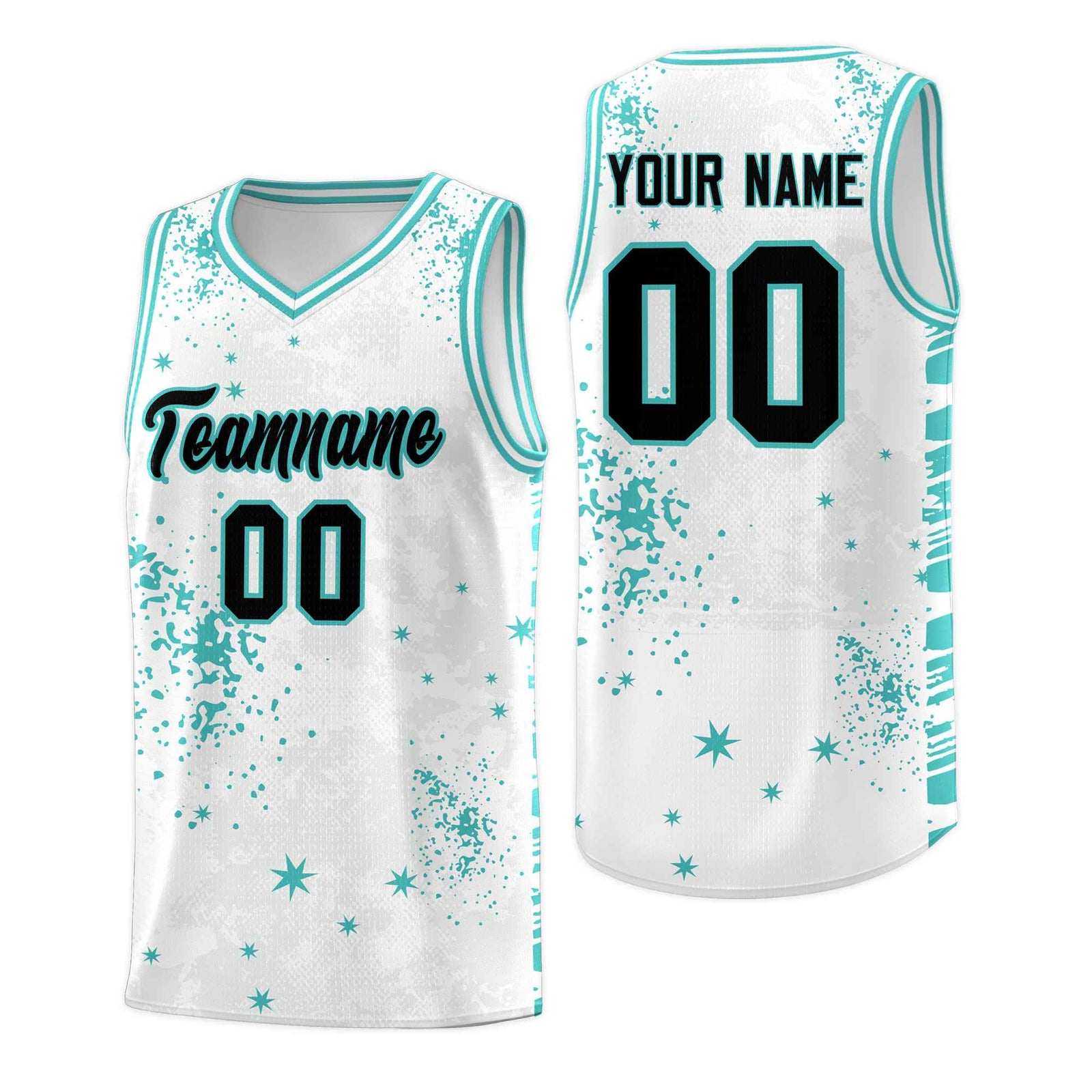 Custom White Light Teal Vice Burst Galactic Graffiti Sublimation Printing Basketball Jersey