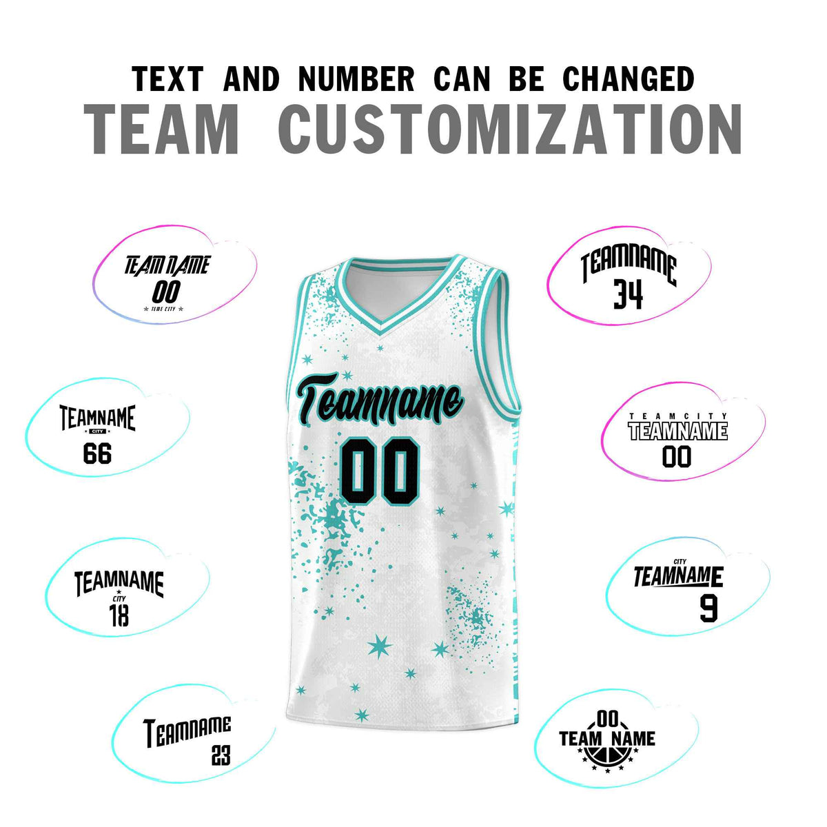 Custom White Light Teal Vice Burst Galactic Graffiti Sublimation Printing Basketball Jersey