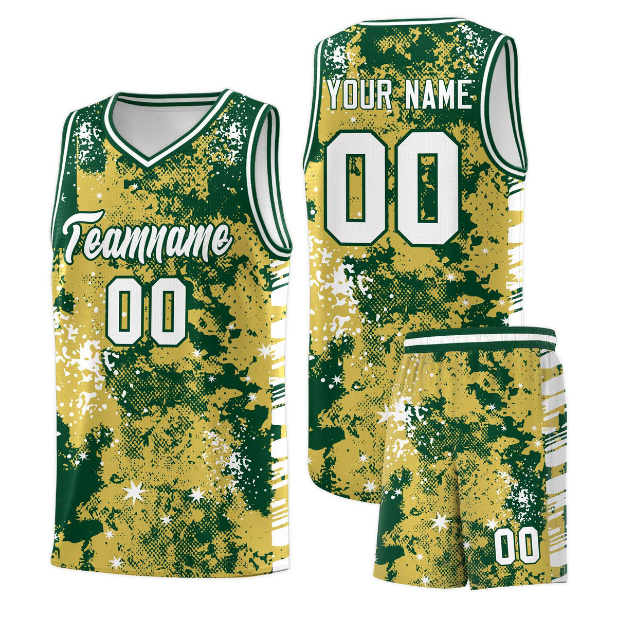 Custom Old Gold Kelly Green Vice Burst Galactic Graffiti Moisture-Wicking Basketball Jersey