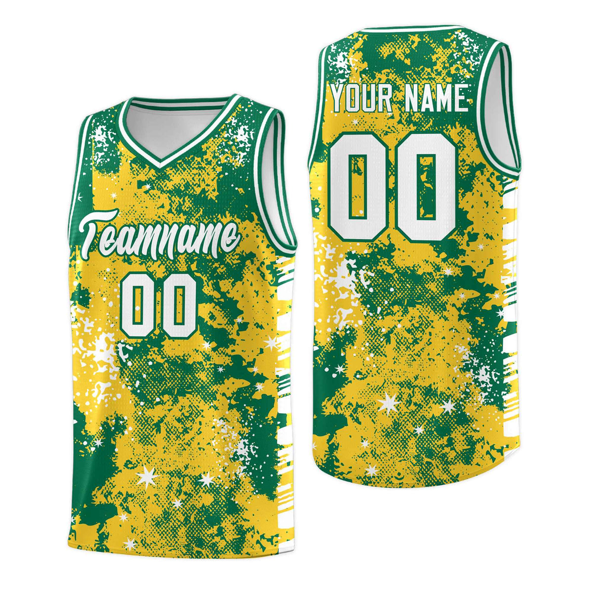 Custom Gold Kelly Green Vice Burst Galactic Graffiti Wrinkle-Resistant Basketball Jersey