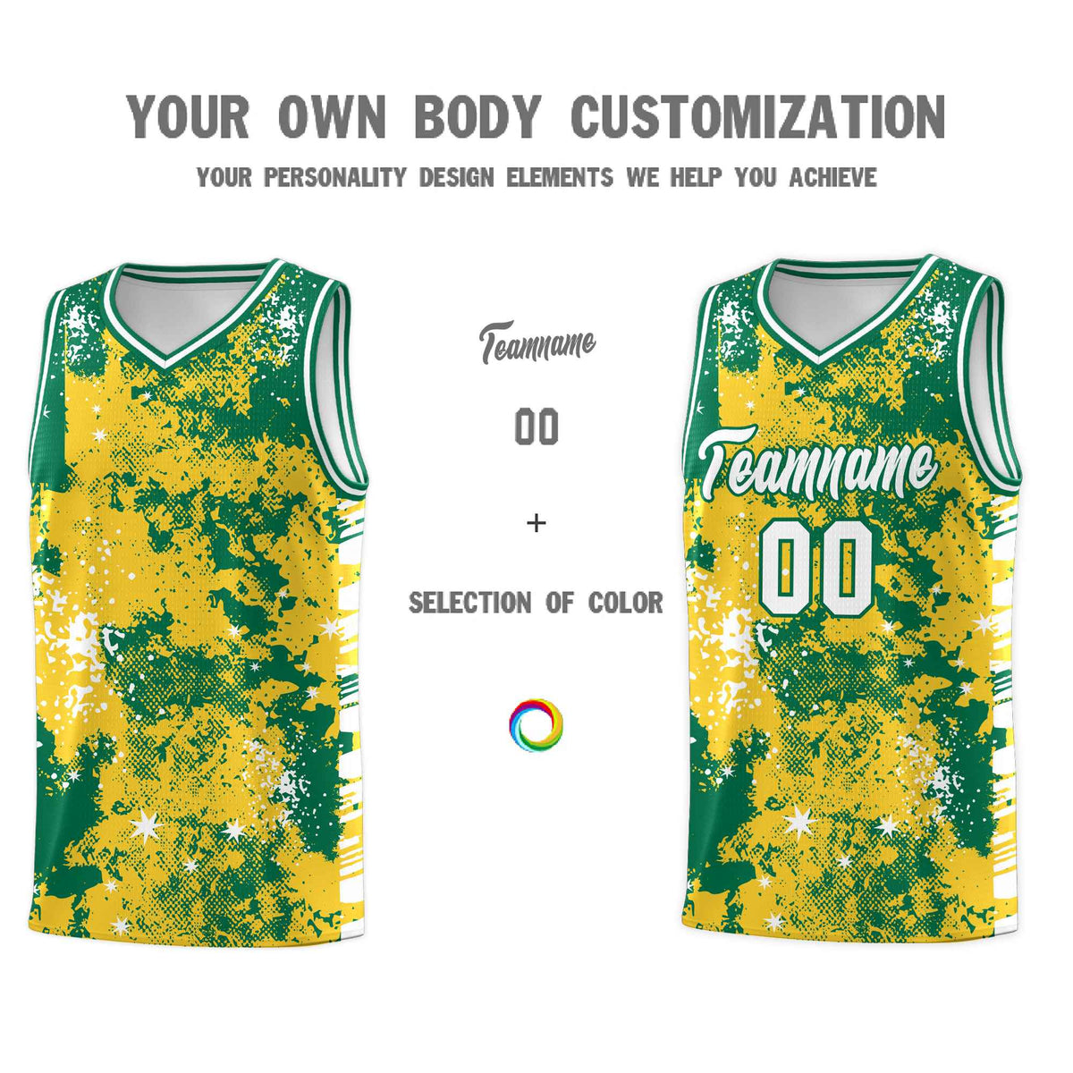 Custom Gold Kelly Green Vice Burst Galactic Graffiti Wrinkle-Resistant Basketball Jersey