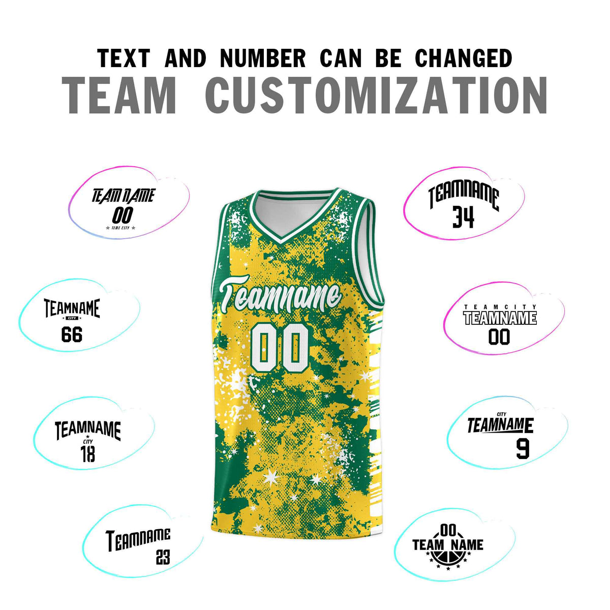 Custom Gold Kelly Green Vice Burst Galactic Graffiti Wrinkle-Resistant Basketball Jersey