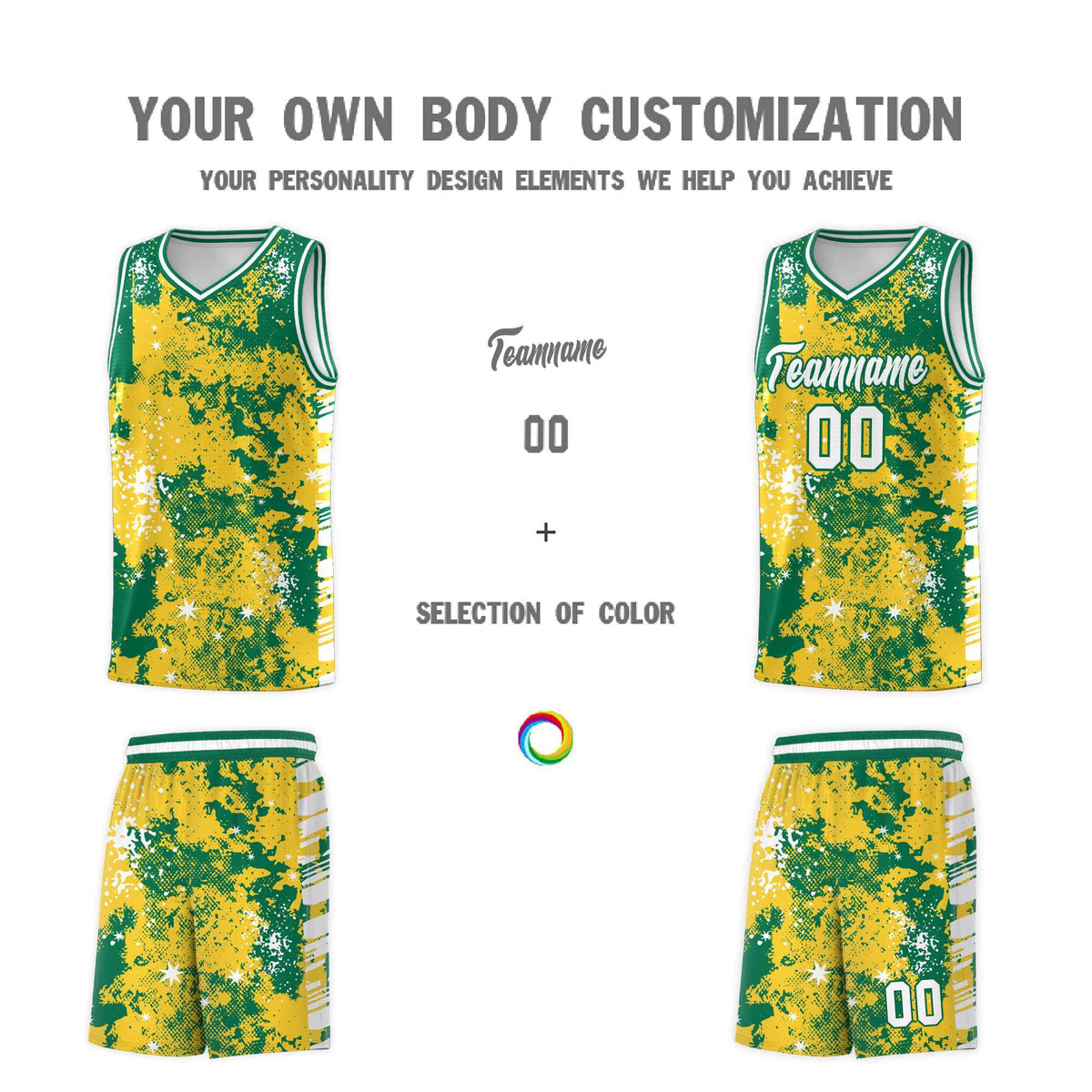 Custom Gold Kelly Green Vice Burst Galactic Graffiti Wrinkle-Resistant Basketball Jersey