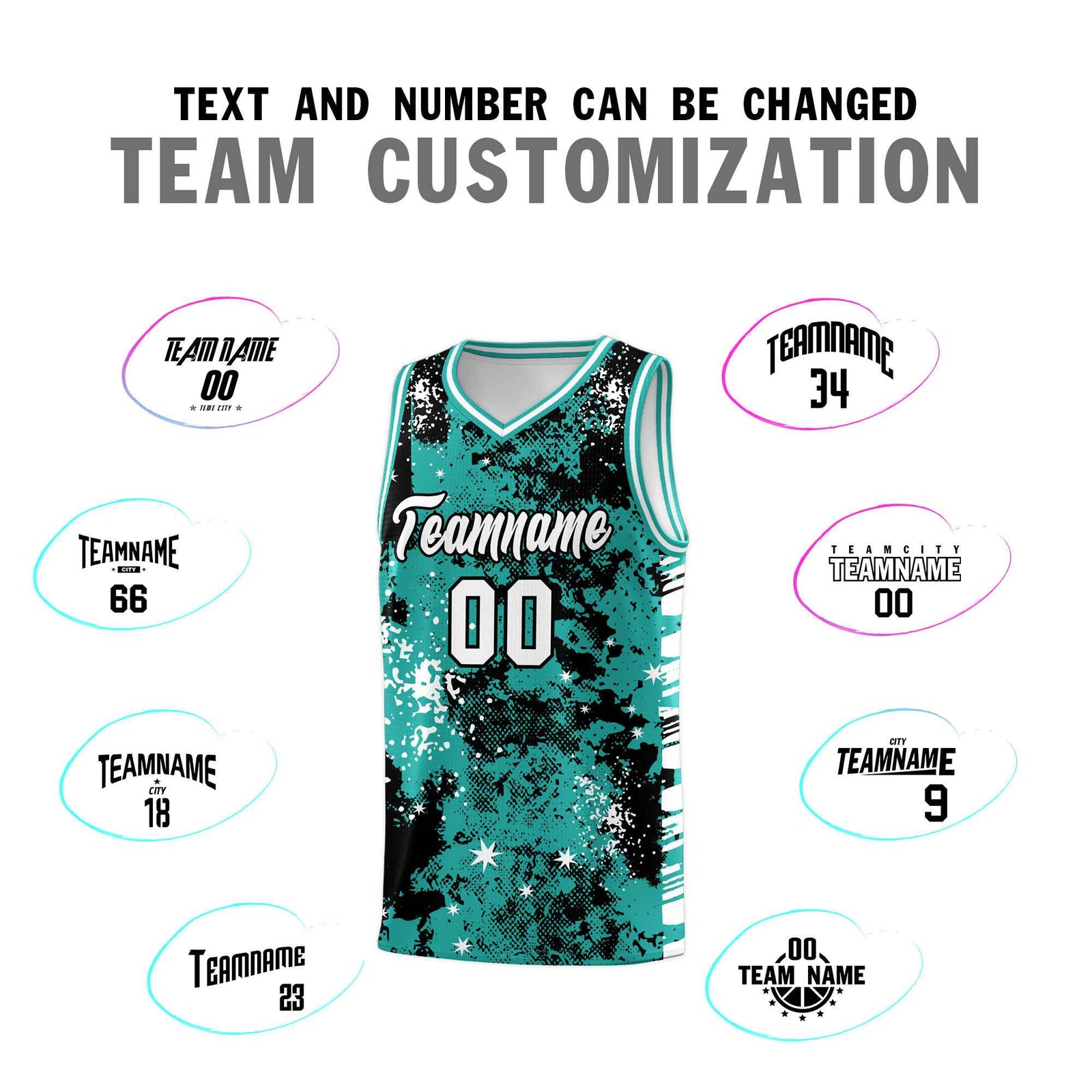Custom Black Light Teal Vice Burst Galactic Graffiti Breathable Basketball Jersey