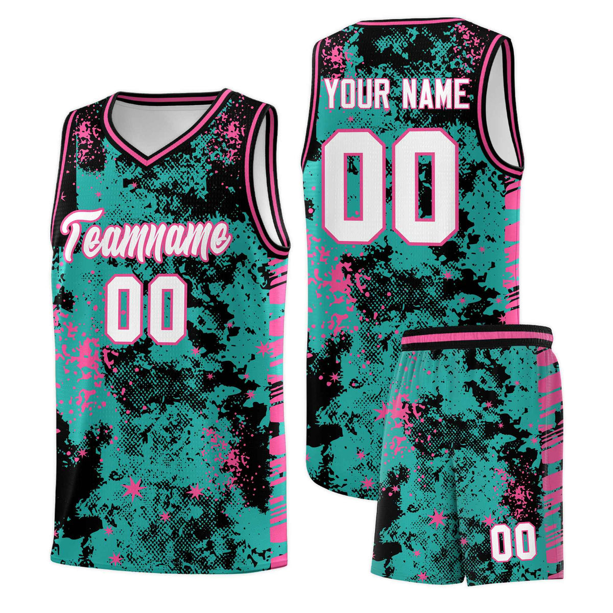 Custom Aqua Black Vice Burst Galactic Graffiti Drapable Basketball Jersey