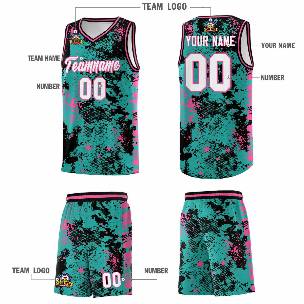 Custom Aqua Black Vice Burst Galactic Graffiti Drapable Basketball Jersey